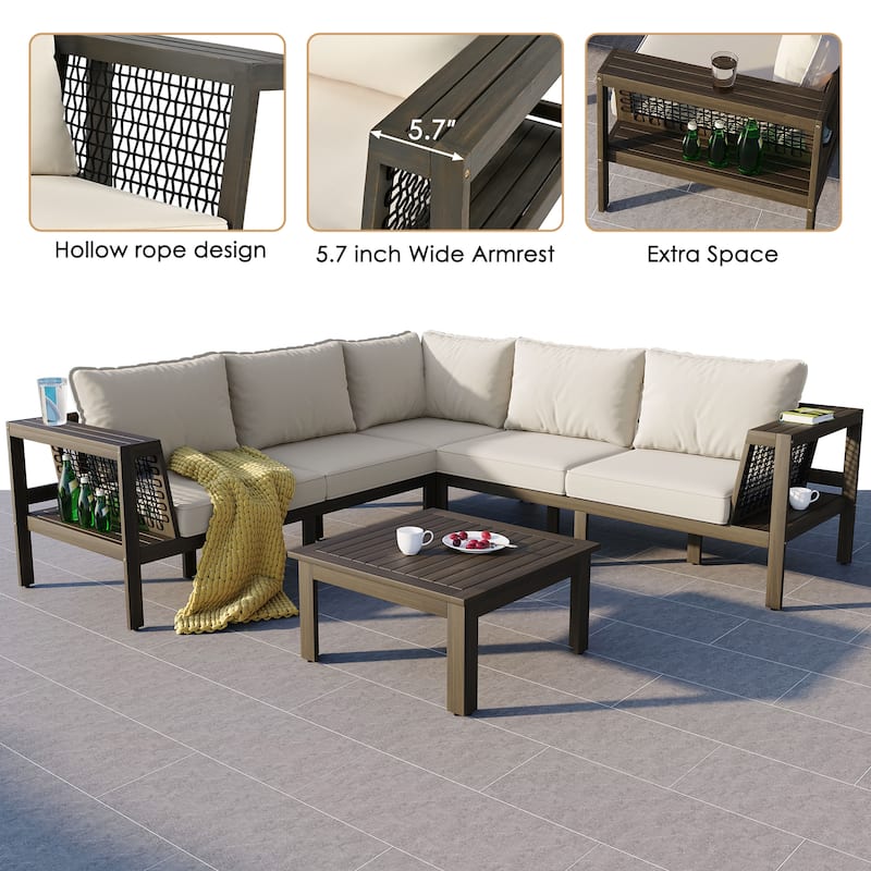 4 Pieces Outdoor Acacia Wood Sofa Set L-Shaped Patio Furniture Sofa Set with Coffee Table & Cushions, Woven Mesh Armrests