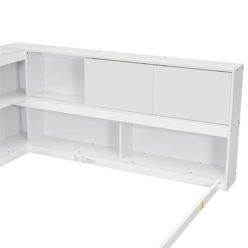 Full Floor Bed With L-Shaped Bookcases,Sliding Doors,Without Slats