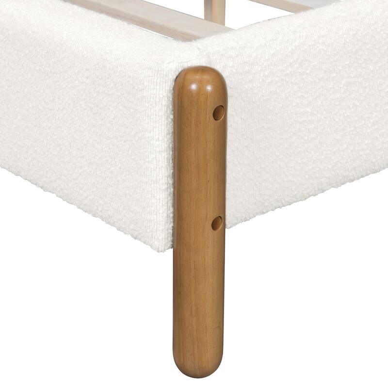 Queen Size Bed Frame with Upholstered Headboard, Solid Wood Legs, White