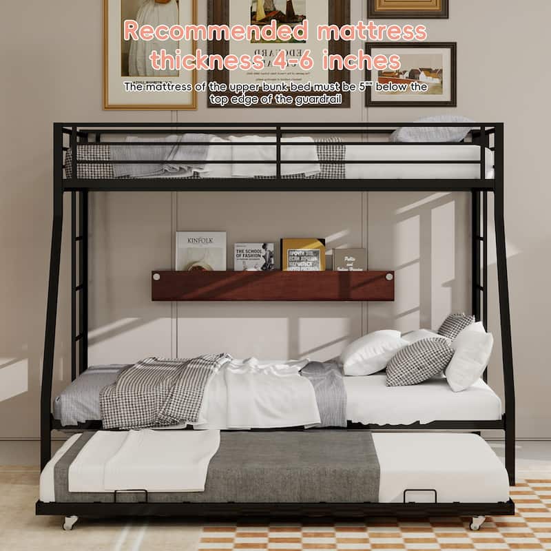 Modern Square Tube Bunk Bed with Ladder and Rolling Trundle Bed