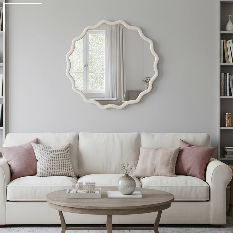 White Wavy Round Solid Wood Decorative Mirror - Bedroom, Bathroom, Living Room, Entryway
