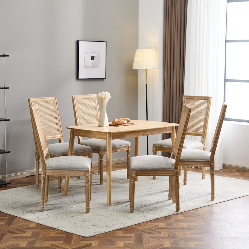 [Set of 4] French Country Dining Chairs - Elegant Cane Backrest & Upholstered Seats with Fluted Legs- Solid Rubberwood Frame