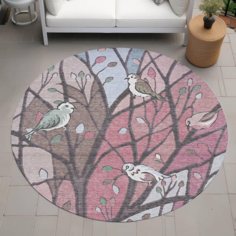 Machine Washable Indoor/ Outdoor Bird Mosaic Chantille Rug - Blush - 8' x 8'