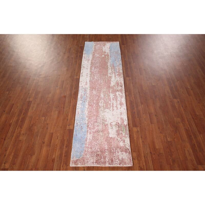 Hand Knotted Oriental 100% Wool Carpet Modern All-Over Multi-Colored Abstract Runner Rug - 8' 8'' X 2' 4''