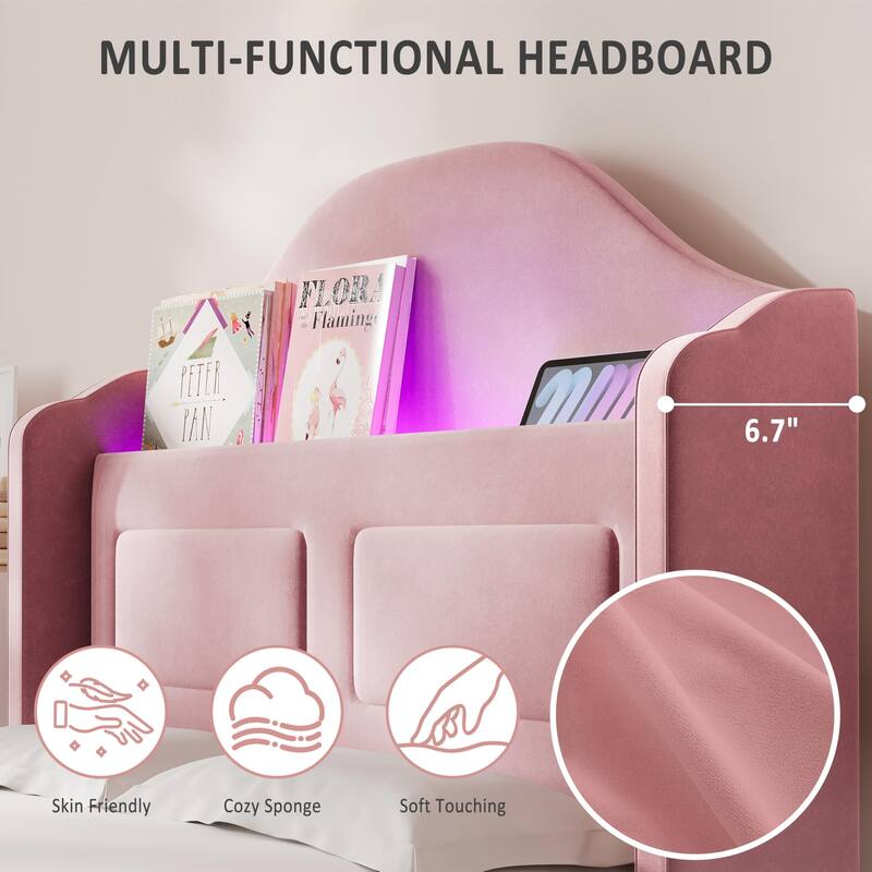 Upholstered Twin Bed Frame, with Wing Back Storage Headboard and Led Lights