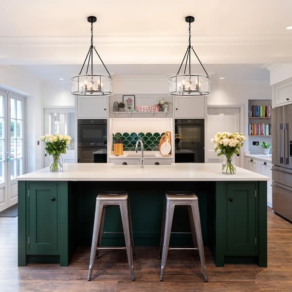 Modern 5-Light 20.5" Lantern Drum Chandelier Water Ripple Glass Pendant for Dining Room