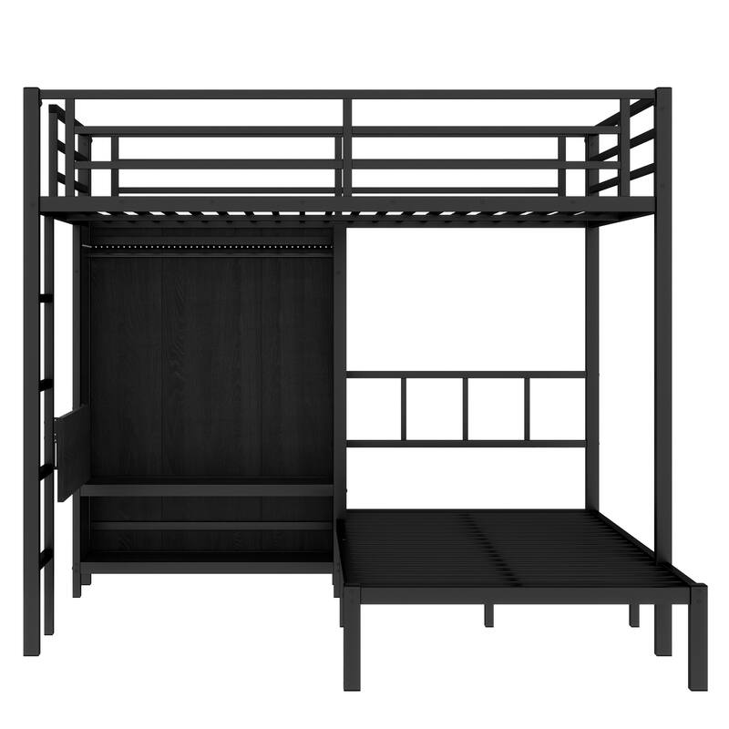 Full XL Over Twin Bunk Bed with Folding Desk for Kids, Heavy Duty Metal Bed Frame w/ LED Closet & Safety Guardrails, Noise Free