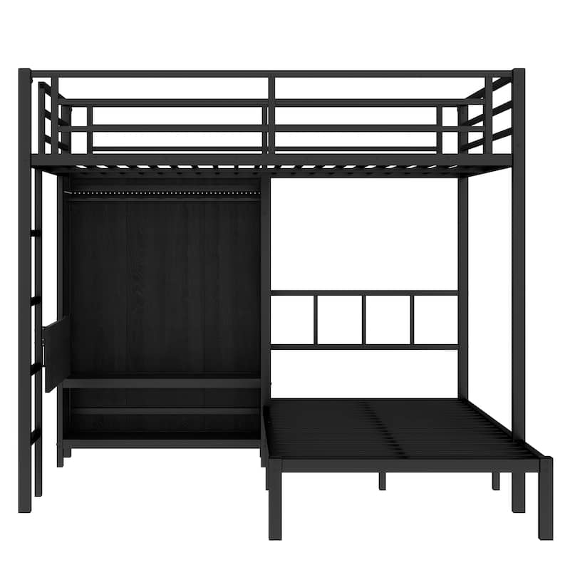 Full XL Over Twin Metal Bunk Bed with Folding Desk Closet LED Space-Saving Black