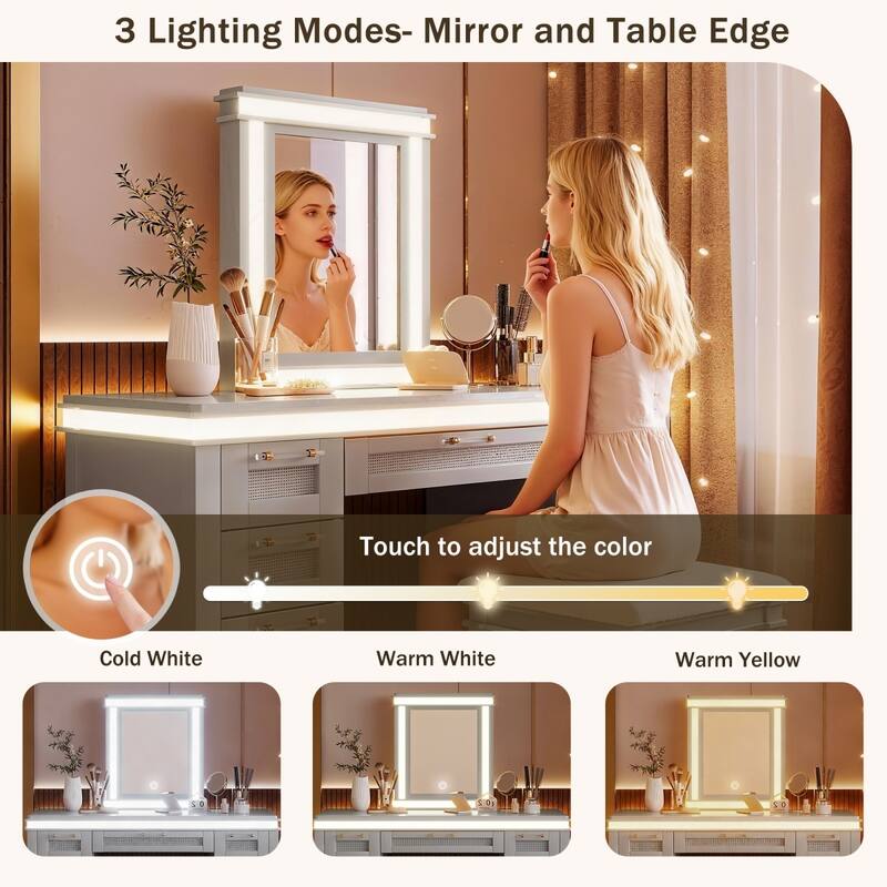 48" Dresser with Mirror, LED Light Strips, 7 Drawers and Stool