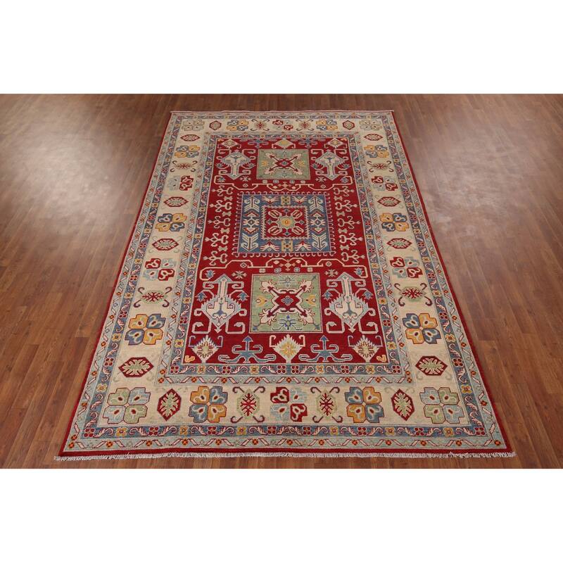 Geometric Red Kazak Area Rug Handmade Oriental Wool Carpet - 6'8" x 9'9"