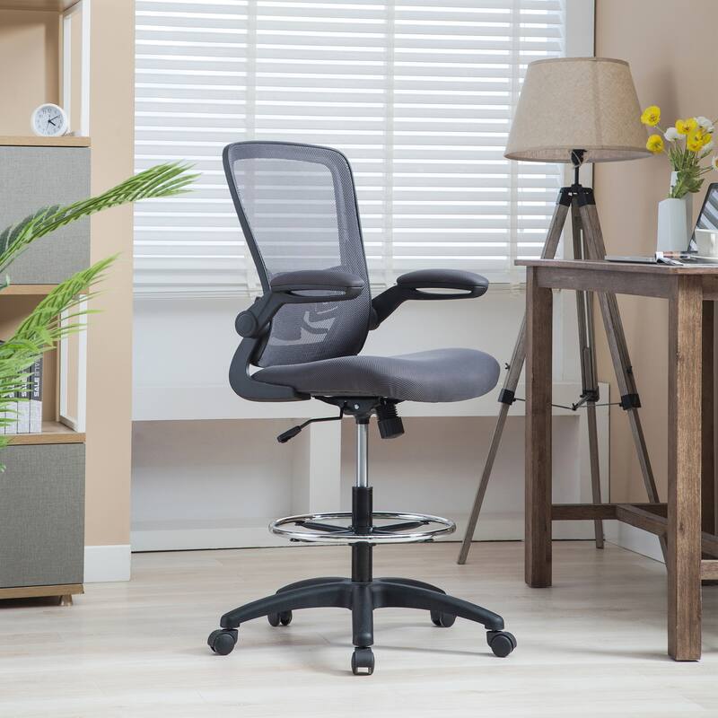Serena Ergonomic Mesh Drafting Chair - Adjustable, Breathable Mesh, Lumbar Support, Ergonomic and Height Adjustable Flip-Top - Gray,Black