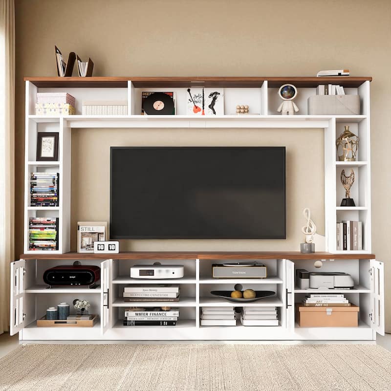 95.5" Wall Unit Entertainment Center for TVs up to 80", Modern Media Console with Bookshelves, Glass Doors, Adjustable Shelves