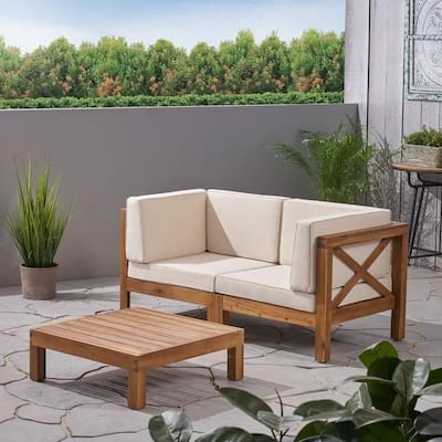 Roomfitters Outdoor 2-Seater Sectional Loveseat with Coffee Table, Wooden Patio Sofa Set with Cushions