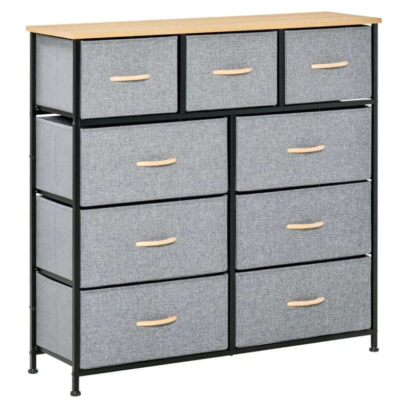 Oak-Grey Linen Steel 9-Drawer Tall Storage Dresser with Sturdy Frame
