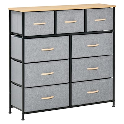 Oak-Grey Linen Steel 9-Drawer Tall Storage Dresser with Sturdy Frame