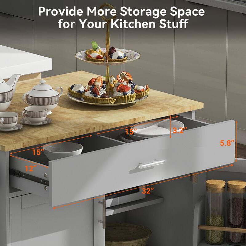 Rolling Kitchen Island with Storage, Kitchen Cart with Rubber Wood Top