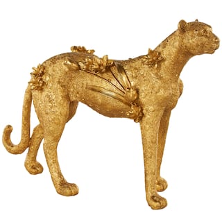 Gold Resin Standing Leopard Decorative Sculpture with Textured Spots and Floral Accents - 7"W x 25"L x 17"H