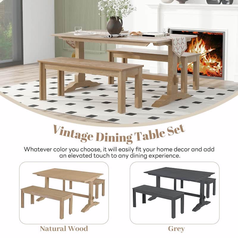 3-Piece Retro Dining Set - Rectangular Trestle Table with 2 Benches