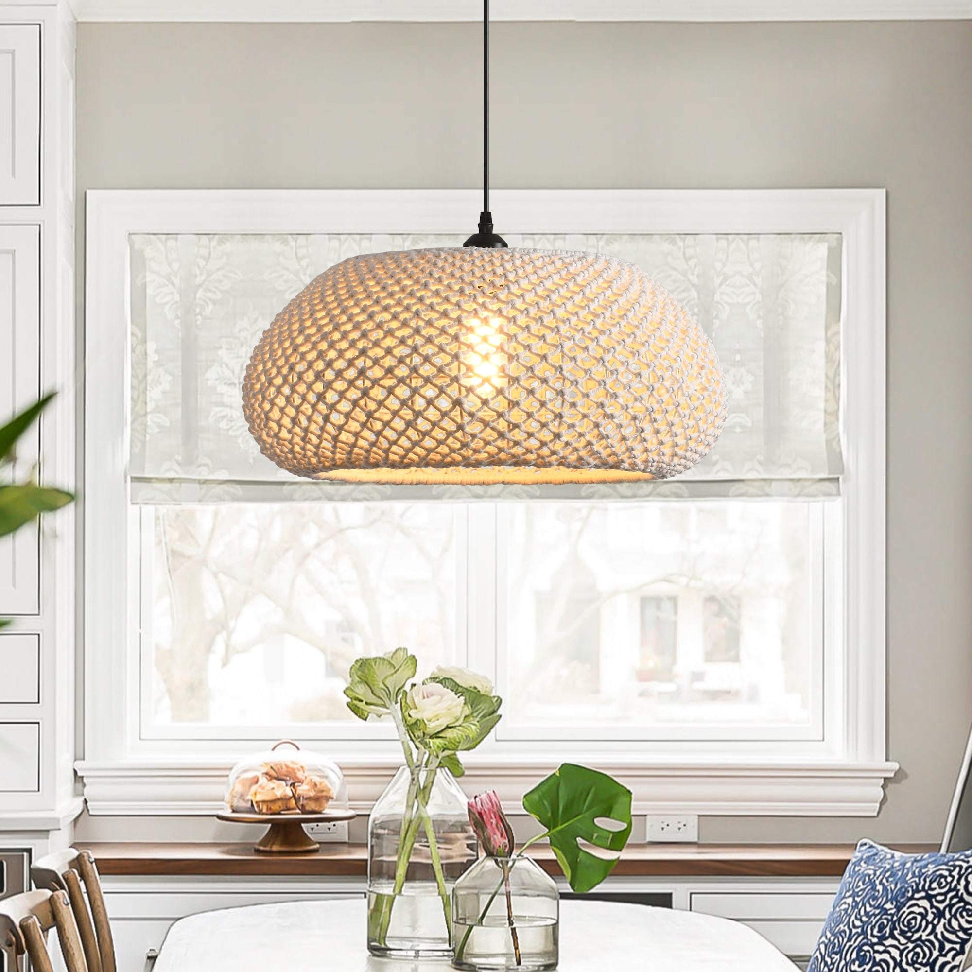 1-Light Rustic Beige Hand-Woven Cotton Hanging Basket Pendant Light - 18.8" W x 55" H