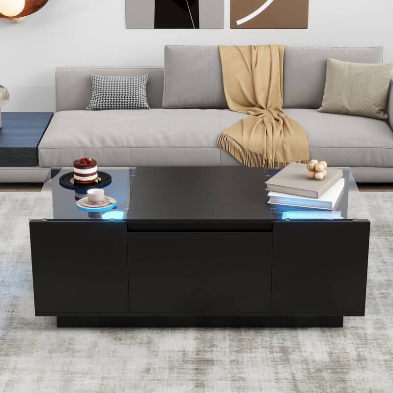 LED Coffee Table with 2 Drawers, Rectangle High Gloss Center Table, Modern Glass Tabletop Storage Table for Living Room