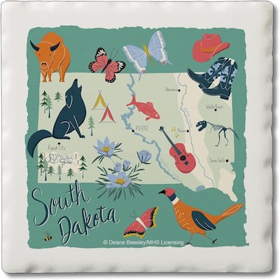 South Dakota Home 4-Pack Absorbent Stone Coasters with Protective Cork Backing 4" Square Made in The USA Easily Wipes Clean