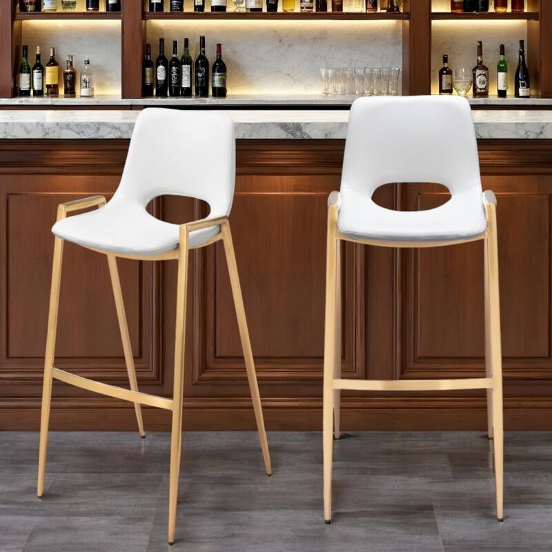 Set of 2 Faux Leather Low Back Chairs with Steel Frame and Footrest - White-Gold-30-Inch