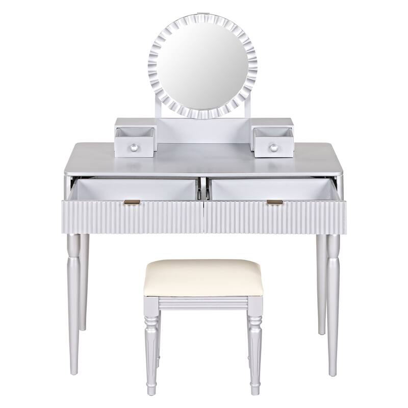 Luxury Vanity Desk with Round Mirror and Stool, Height-Adjustable Dressing Table Set