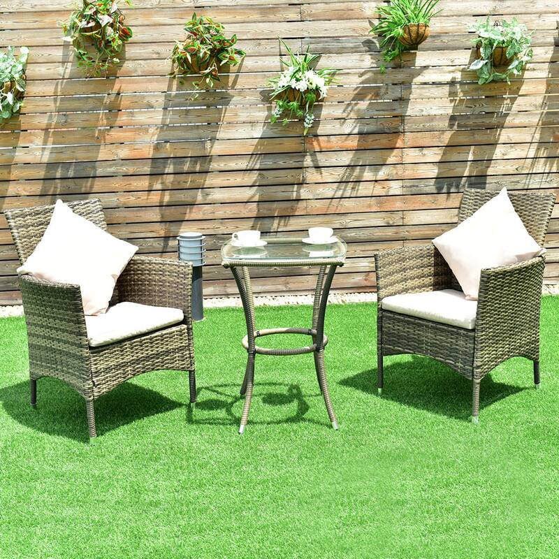 3PCS Patio Furniture Set Rattan Coffee Table & Chairs Garden