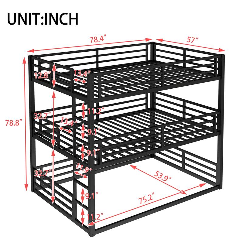 Full over Full over Full Bunk Bed, Metal Triple Bunk Bed with Safety Guardrails, Heavy-duty Bunk Bed with Noise-reduced Design