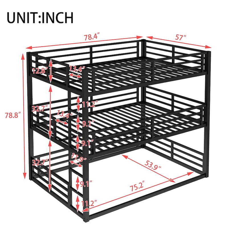 GDFStudio - Fillip Metal Triple Bunk Bed with Guardrails & Noise-Reduced Heavy-Duty Frame