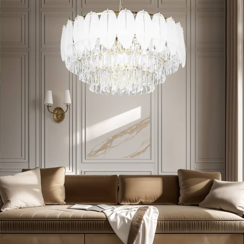 Modern Luxury Crystal Chandeliers, Adjustable Round Feather Crystal Pendant Light for Living Room, Bulbs Included