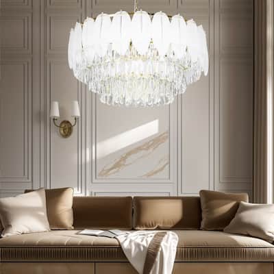 Modern Luxury Crystal Chandeliers, Adjustable Round Feather Crystal Pendant Light for Living Room, Bulbs Included