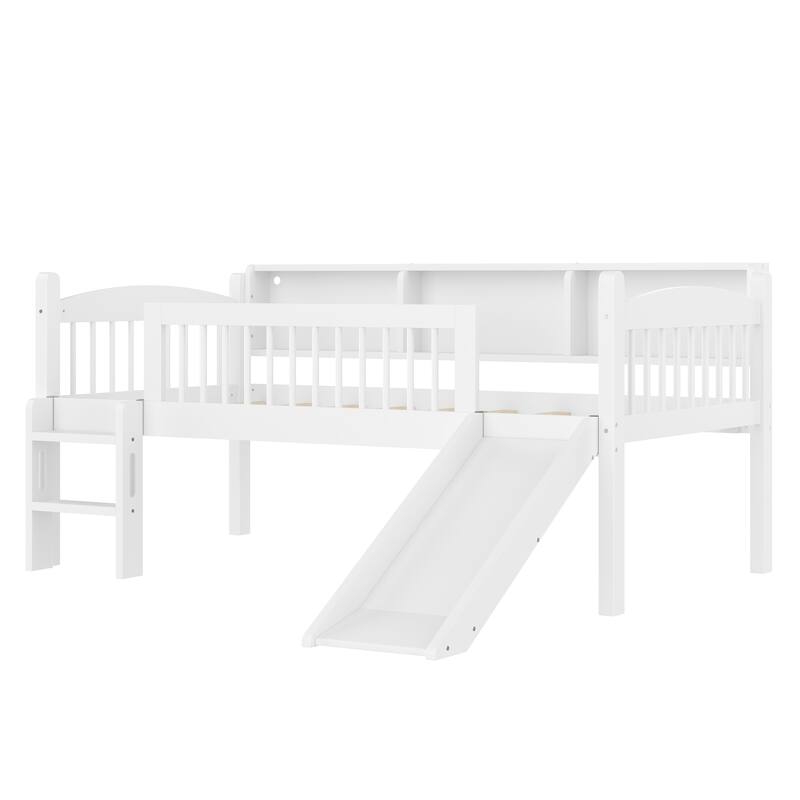 Twin XL Loft Bed with Storage Shelves, LED Lights & Guardrails