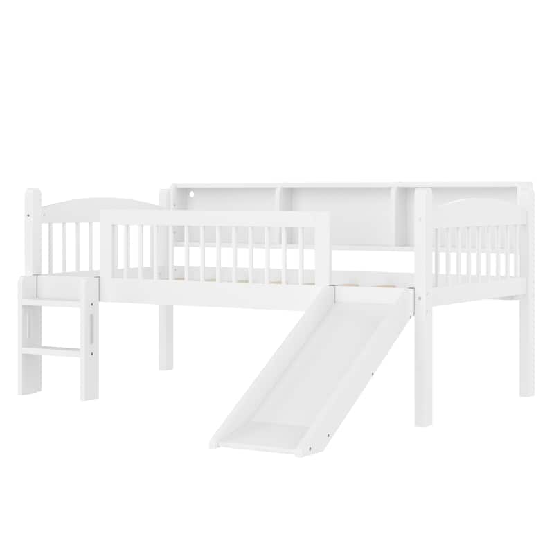 Twin XL Loft Bed with Storage Shelves, Solid Wood Lower Loft Bed with LED Lights and Full-length Guardrails