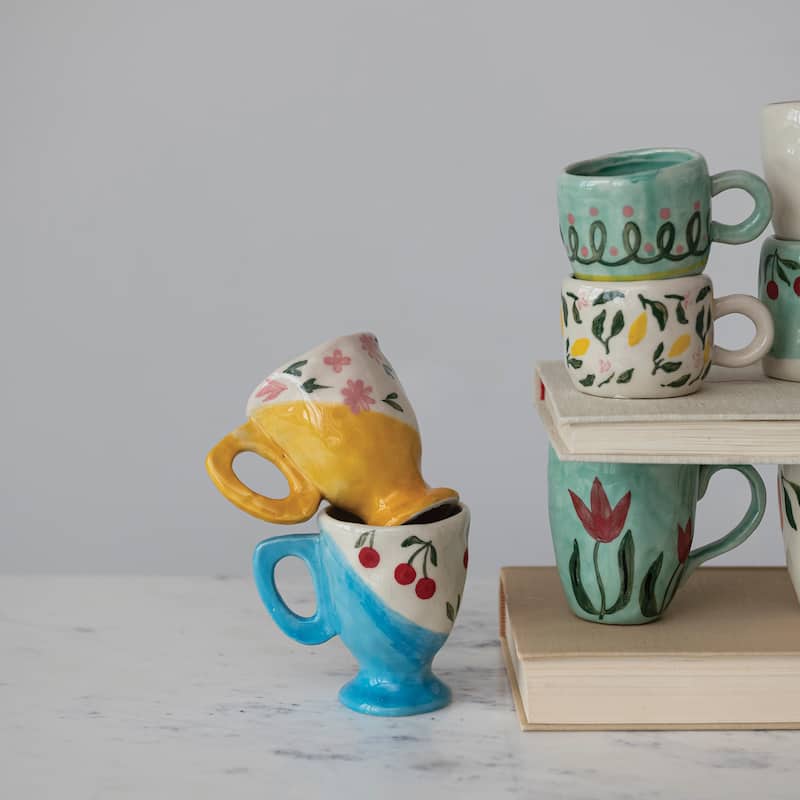 Stoneware Mugs with Painted Designs - 3.8"L x 2.8"W x 2.1"H