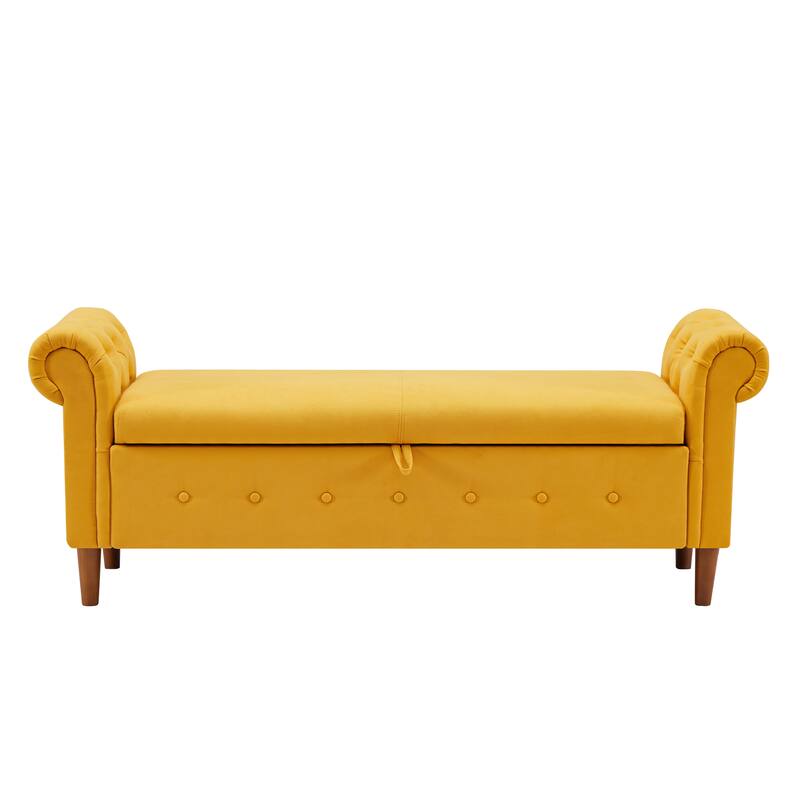 Multipurpose Rectangular Linen Sofa Stool with Large Space Saving Storage, 4 Rubber Wood Feet - 63 x 22.1 x 24.1 inch