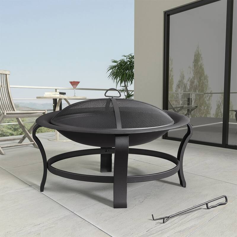 30-Inch Wood-Burning Steel Fire Pits, Round Steel Firepit for Patio Backyard Garden Outdoor Heating with Spark Screen, Poker