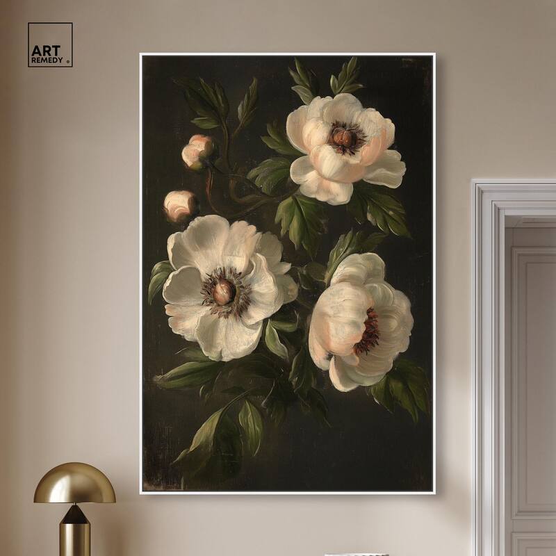 White Peonies in Dark I Canvas by Art Remedy