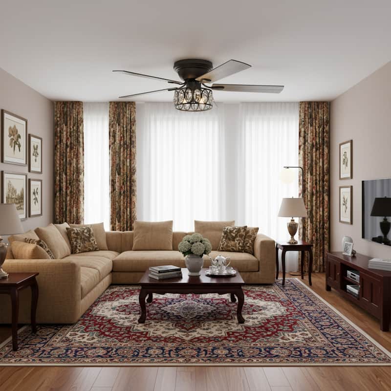 52" Flush Mount 5-Blade Modern Crystal Indoor Ceiling Fan with Light Kit and Remote