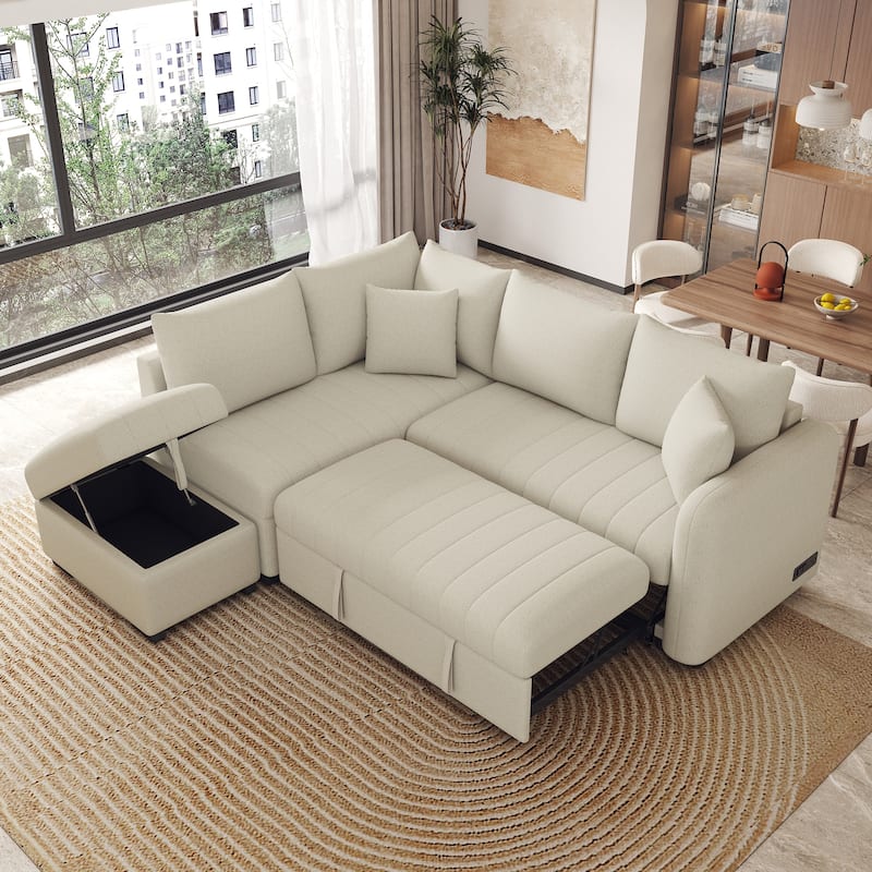 82.6" L-shaped Sectional Pull Out Sofa Bed Sleeper Sofa with Two USB Ports, Two Power Sockets and a Movable Storage Ottoman, Bei
