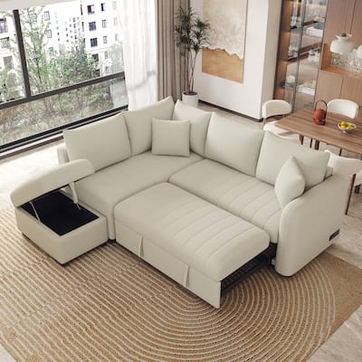 82.6" L-shaped Sectional Pull Out Sofa Bed Sleeper Sofa with Two USB Ports, Two Power Sockets and a Movable Storage Ottoman, Bei