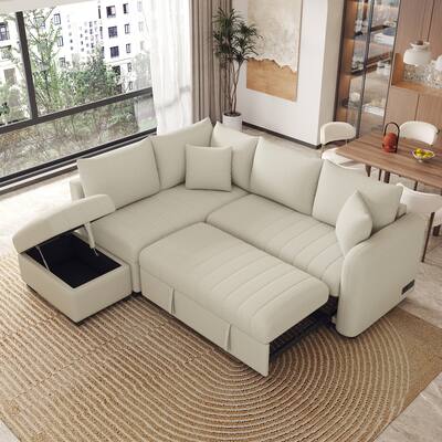 82.6" L-shaped Sectional Sofa Bed with USB, Power & Storage Ottoman, Beige