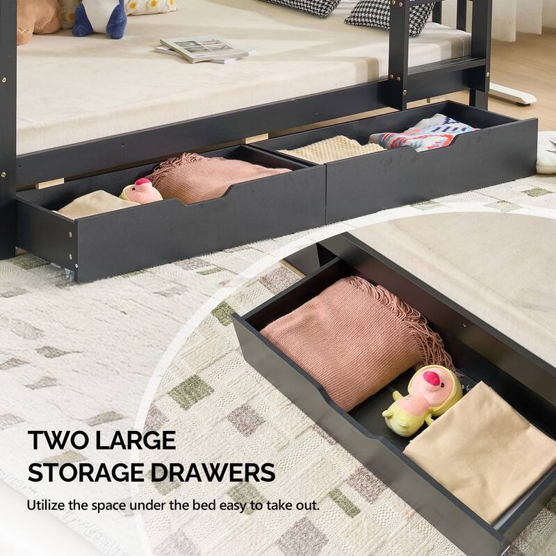 Solid Wood Bunk Bed Twin Over Twin with 2 Storage Drawers/RGB LED/Charging Station,Convertible Bunk Bed Frame