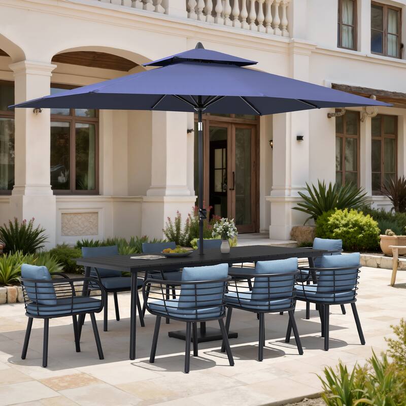 11PC Outdoor Patio Dining Set Aluminum Table with Sunbrella Cushion Chairs w/ Market Umbrella Sets