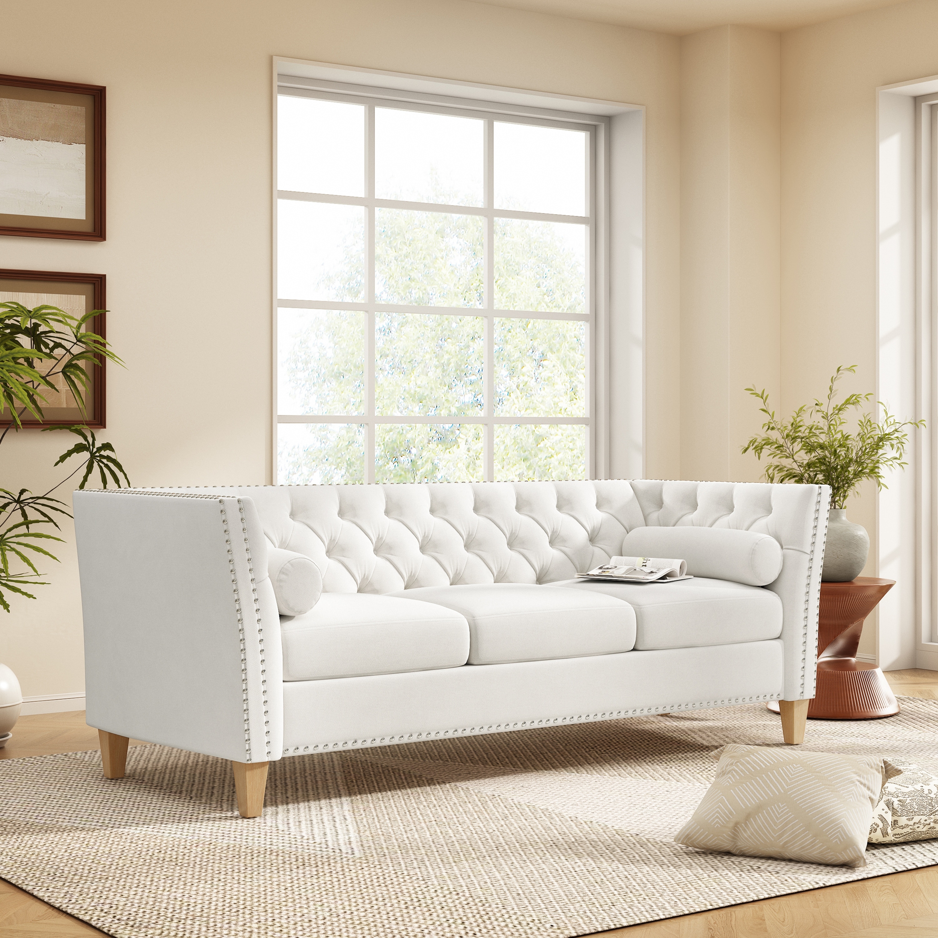 Elegant Transitional 3-Seat Sofa with Flared Arms, Nailhead Trim & Solid Wood Legs, Comfortable Couch for Living Room
