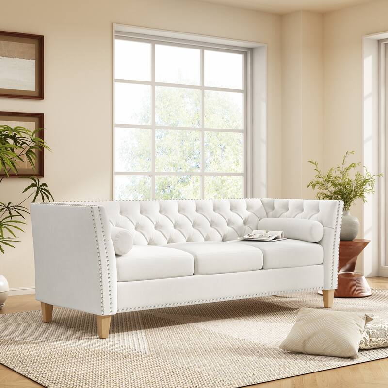 Modern Tufted Back Sofa Couch with Flared Arms, Classical Nailhead Trim Loveseat, Upholstered Living Room Sofa with Pillows - Beige