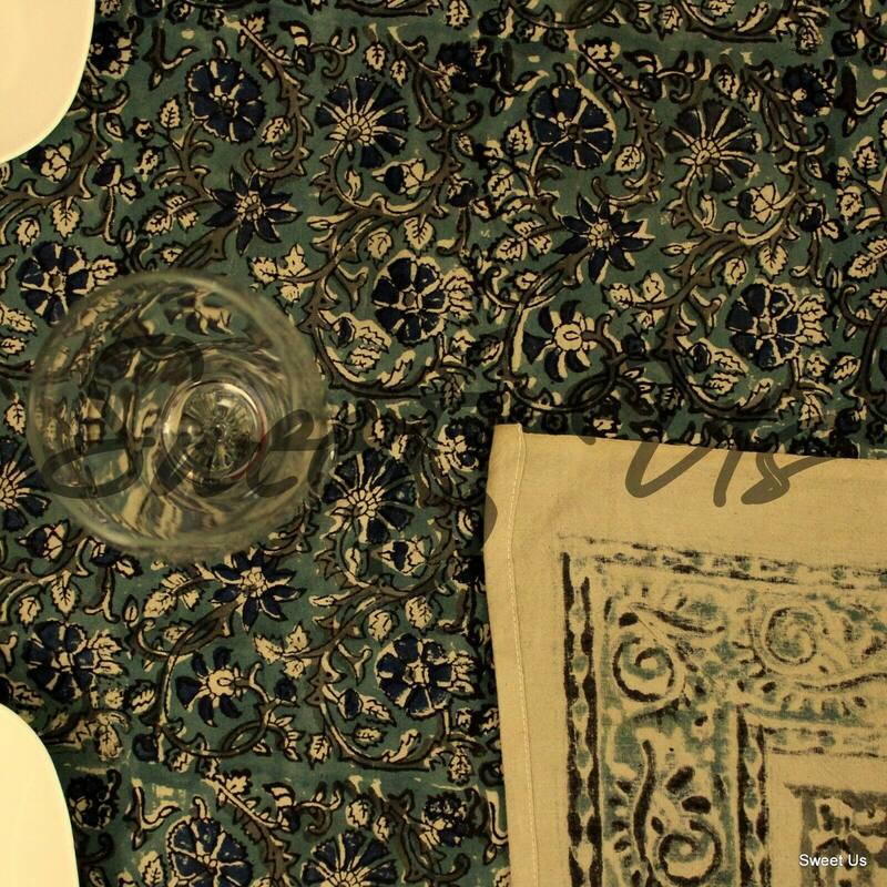 Block Print Cotton Vegetable Dye Dreamy Floral Tablecloth Rectangle
