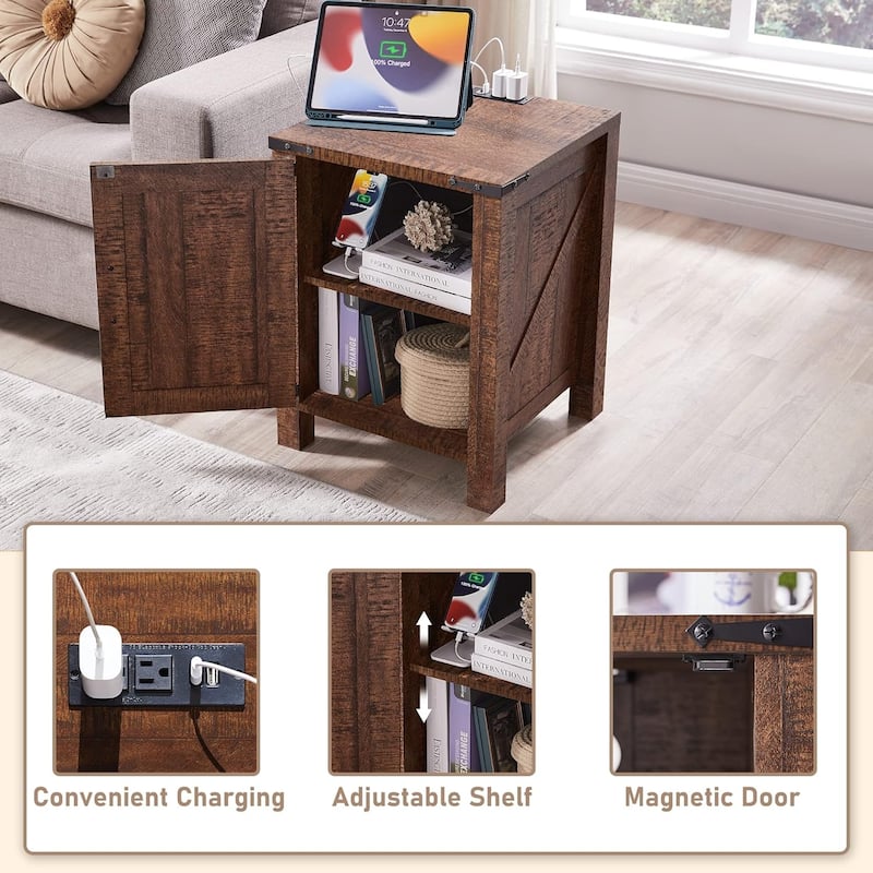 Farmhouse Wood Nightstand with Charging Station, End Table, Side Table
