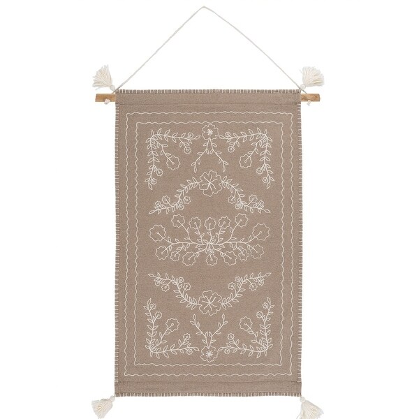 36” Brown and White Embroidered Floral Pattern Felted Wall Hanging - N/A