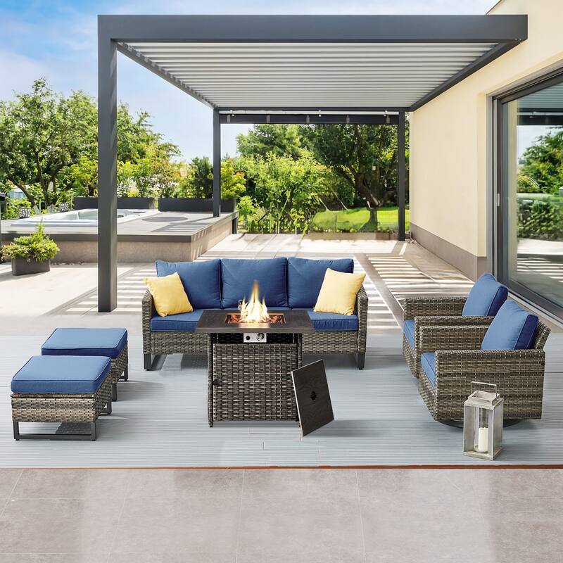 Gymojoy Outdoor Fire Pit Conversation Set, Patio Furniture with Cushions - 6 PCS - Sofa & Swivel Chair & Ottomans & Fire Pit - Grey Wicker / Blue Cusion